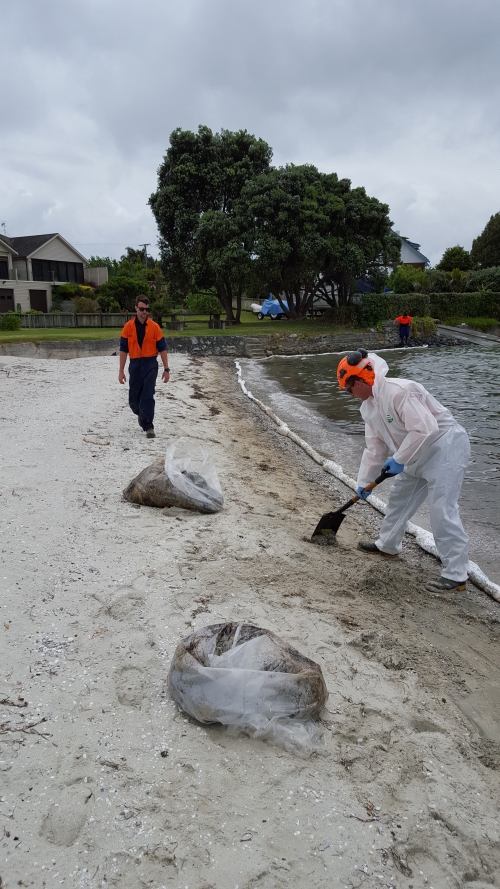 Shovelling oiled sand from beach.