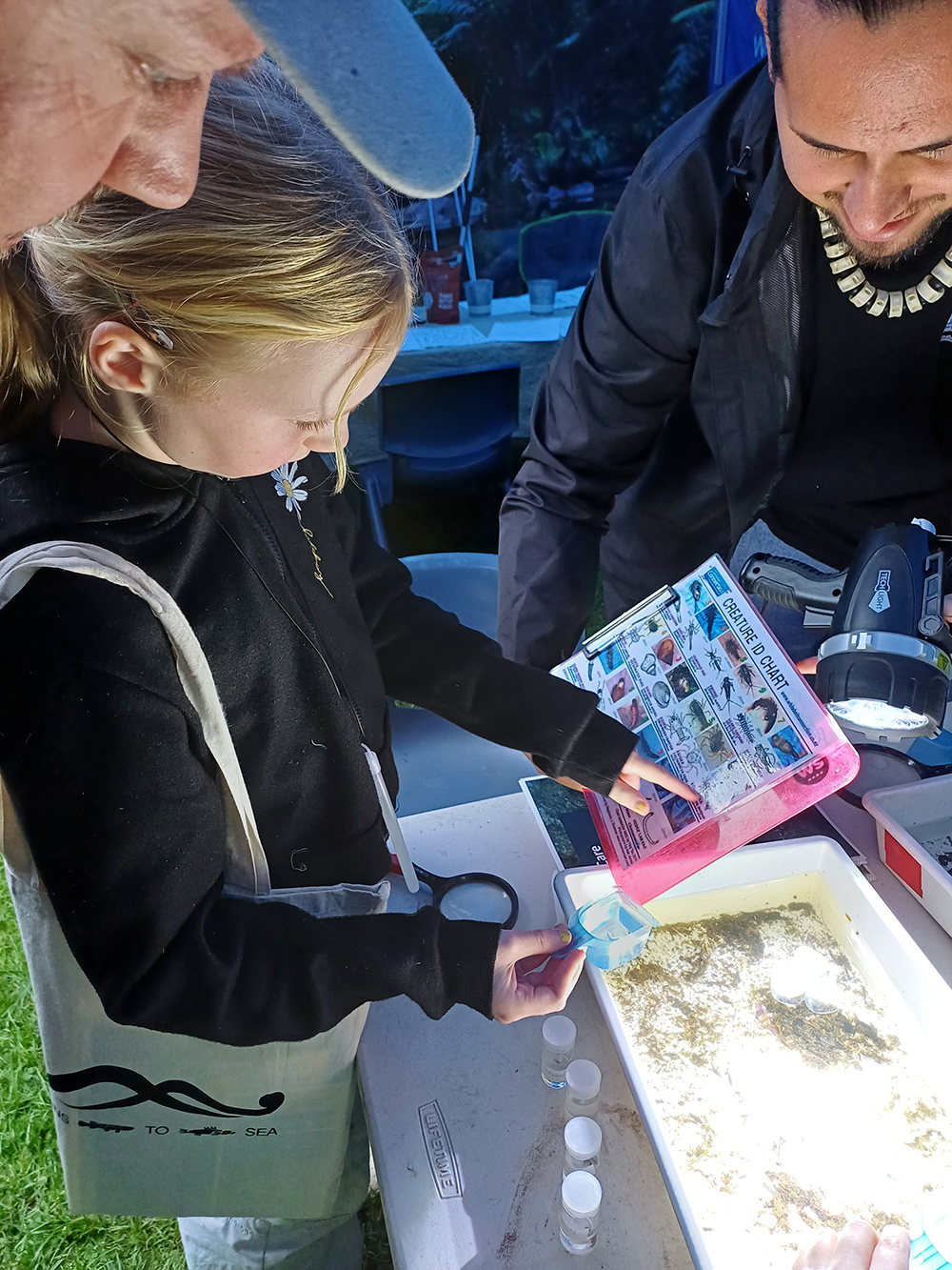 Girl looking at a creature ID chart while others look on.