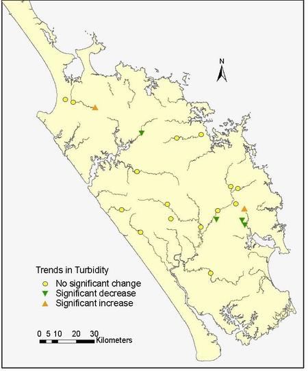 Figure 16: Trends in turbidity (NTU) at 21 RWQMN sites.