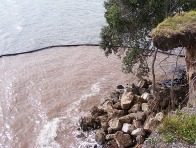 Floating silt curtains in the water.