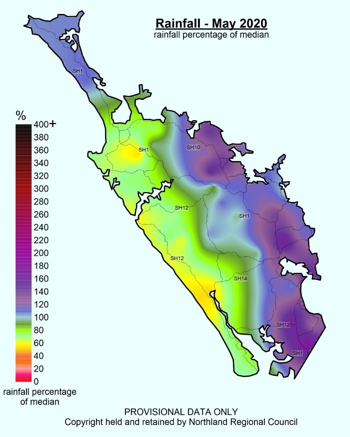 Rainfall percentage median map for May 2020.