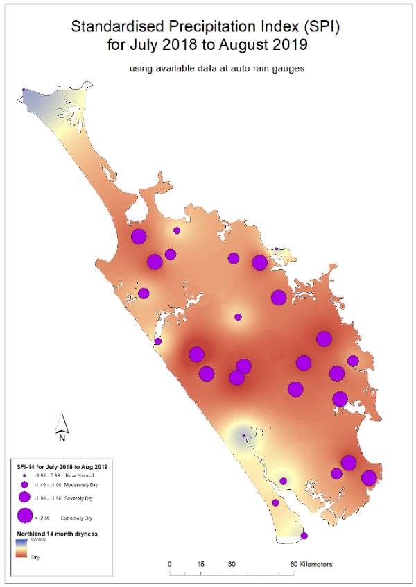 Map of Northland showing Standardised Precipitation Index for November 2009 to April 2010.