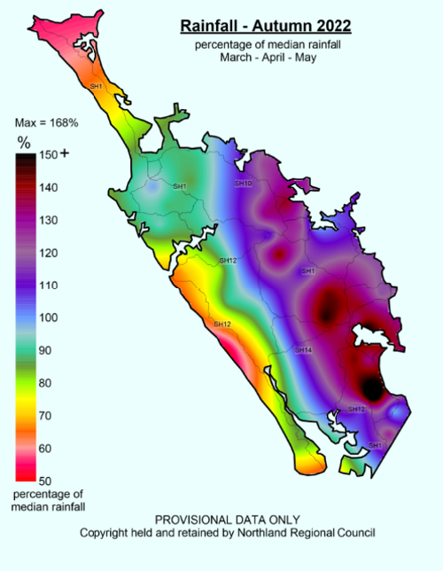 Map - Rainfall (% of Median) for Autumn 2022 (March – May) across Northland with a range of 168% to 47%.