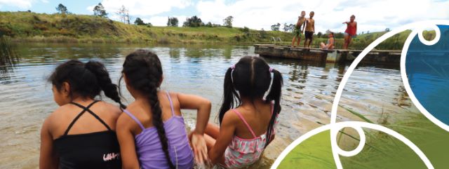 Climate report banner children by lake.