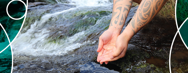 Panui banner - hands in stream water.