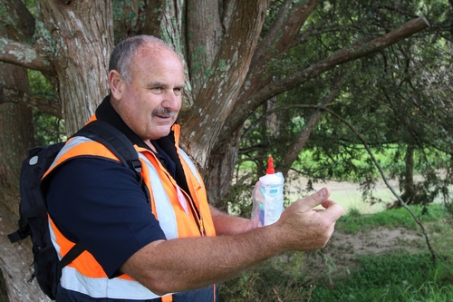 Northland Regional Council biosecurity officer Mike Knight demonstrates toxin laying.