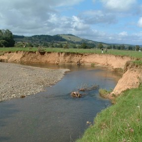 Gravel bank narrows river bed.
