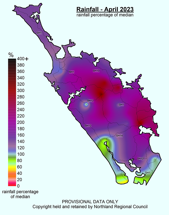 Rainfall map of Northland for April 2023.