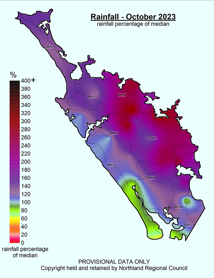 Rainfall (% of Median) for October 2023 across Northland with a range of 320% to 62%.