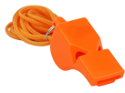 Orange plastic whistle with orange cord.