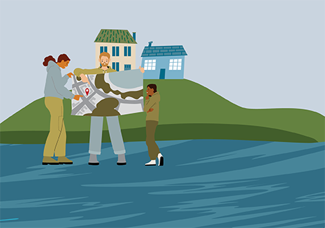 Graphic of 3 people looking at a plan with houses in the background.