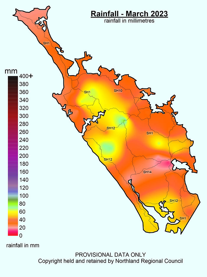 Rainfall (% of Median) for February 2023 across Northland.