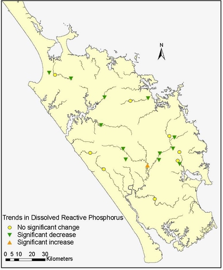 Figure 23: Trends in dissolved reactive phosphorus at 21 RWQMN sites.