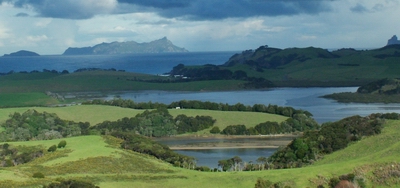 Description: Taiharuru Estuary with a view to the Hen and Chickens Islands. 