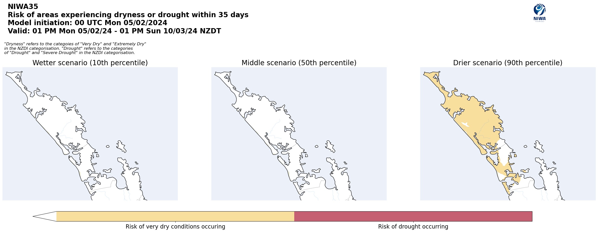 NIWA35 New Zealand Drought Index model for 5 February 2024 – 5 March 2024.