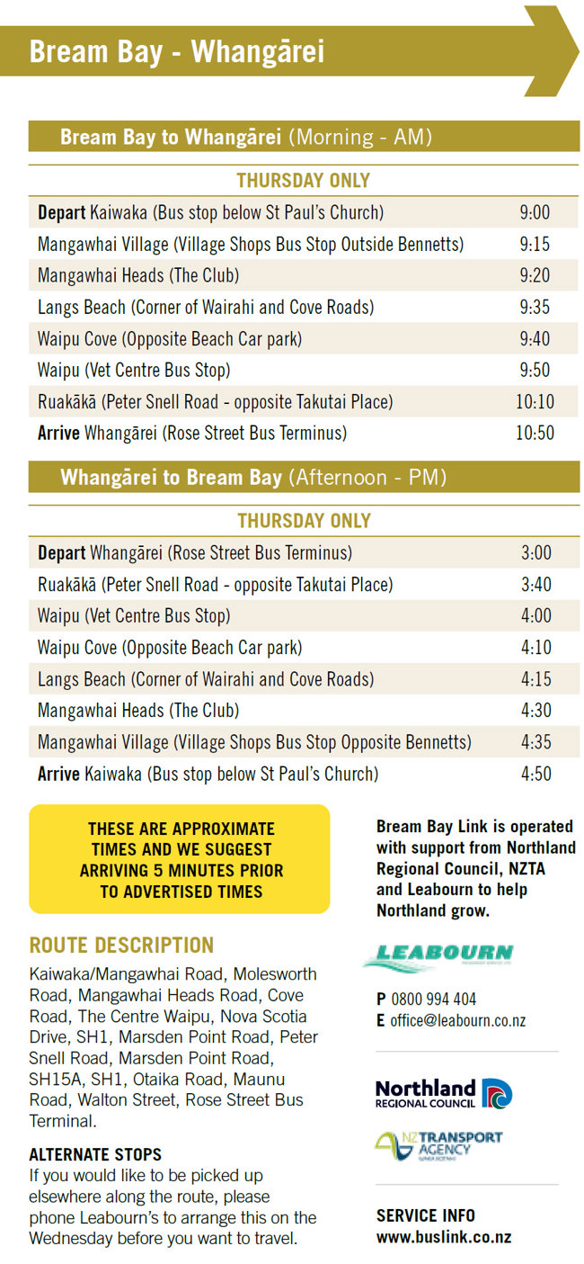 A screenshot of the Bream Bay Link Timetable From 1 August 2025, that opens a full PDF version when clicked.