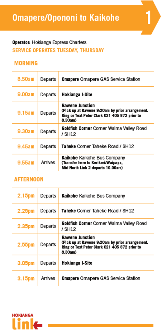 Open the Hokianga link timetable (PDF, 1MB - opens in a new window).