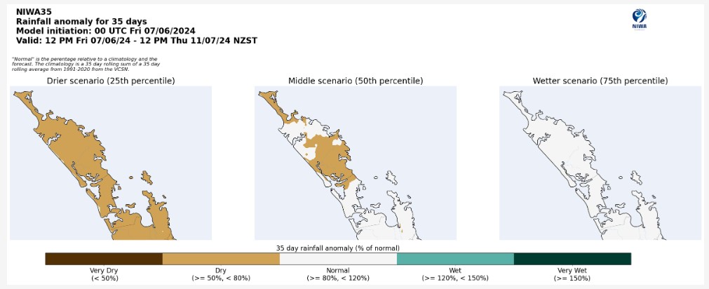 Maps displaying NIWA35 Rainfall model which combines rainfall to average rainfall for the area showing what is expected between 7 June and 11 July 2024.