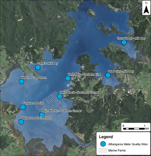 Description: Figure 86: Whangaroa Harbour water quality monitoring sites. 