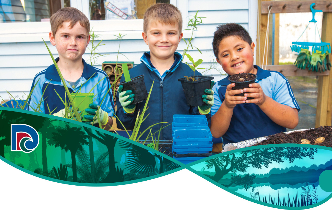 Three school children with plants.