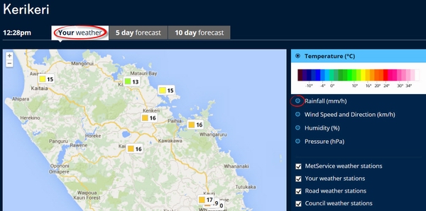 MetService map showing Your weather and Rainfall options selected.