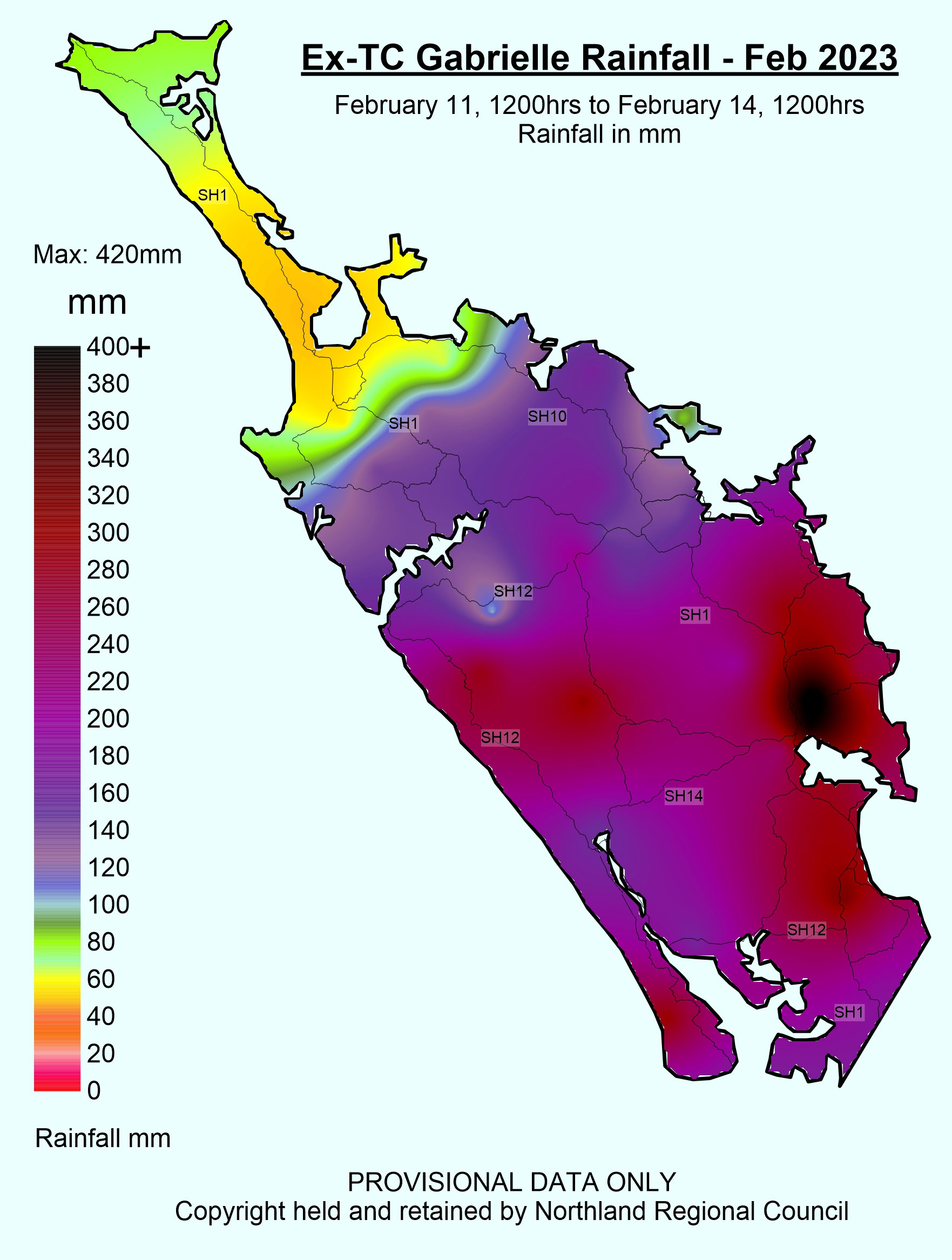 Rainfall map for Northland, showing accumulated rainfall totals from 11 February 12:00 to 14 February 12:00 (72 hours)