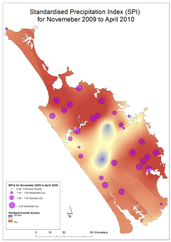 Map of Northland showing Standardised Precipitation Index for November 2009 to April 2010.