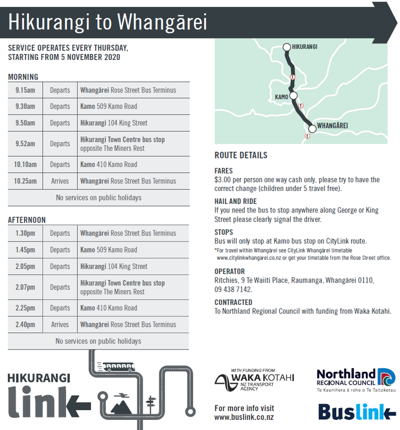 Hikurangi to Whangarei buslink timetable.