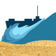 Ship, waves and sand graphic.