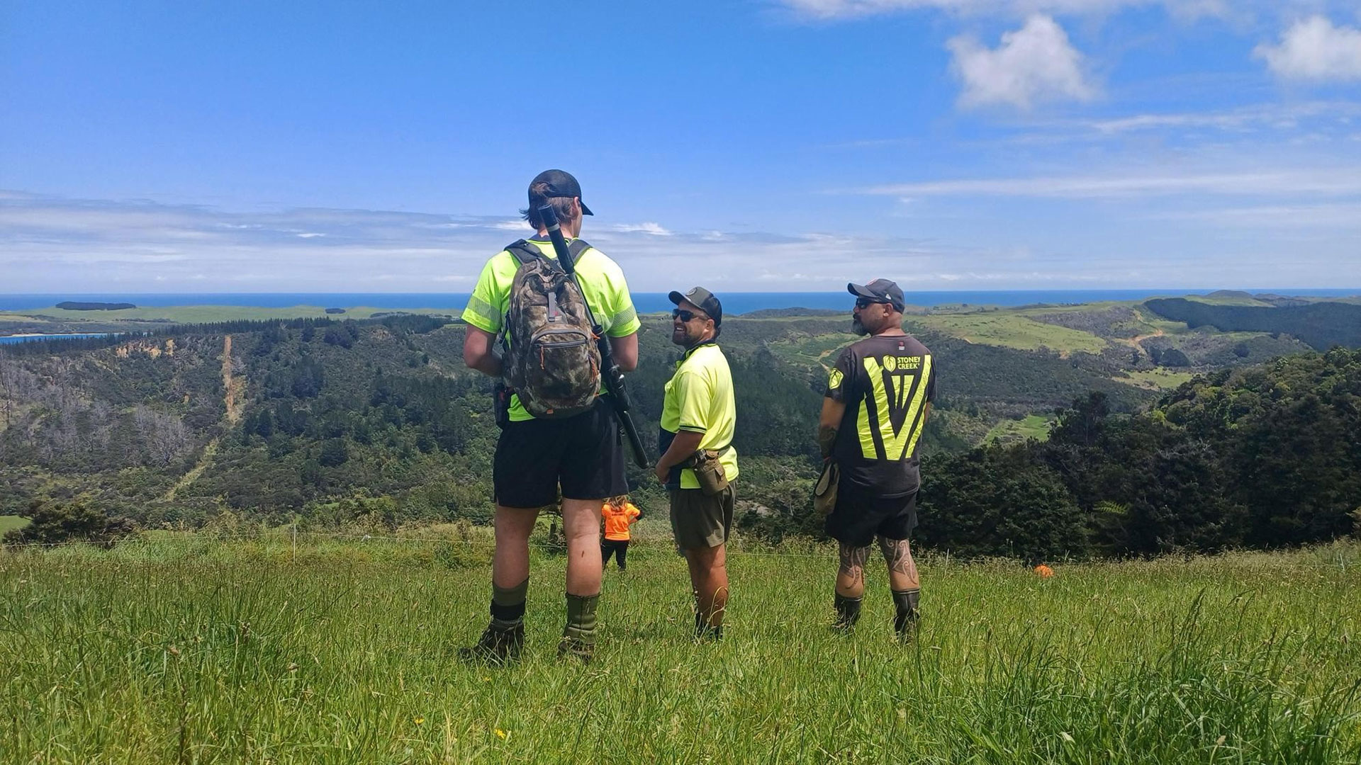 Three men in hi-vis shirts on a hill overlooking bush and views to the coast.