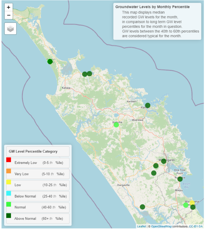 Groundwater levels - Northland aquifer status map October 2021.
