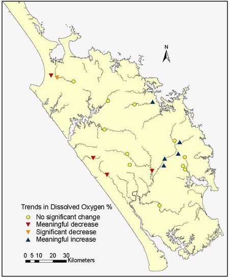 Figure 13: Trends in dissolved oxygen (% saturation) at 21 RWQMN sites.