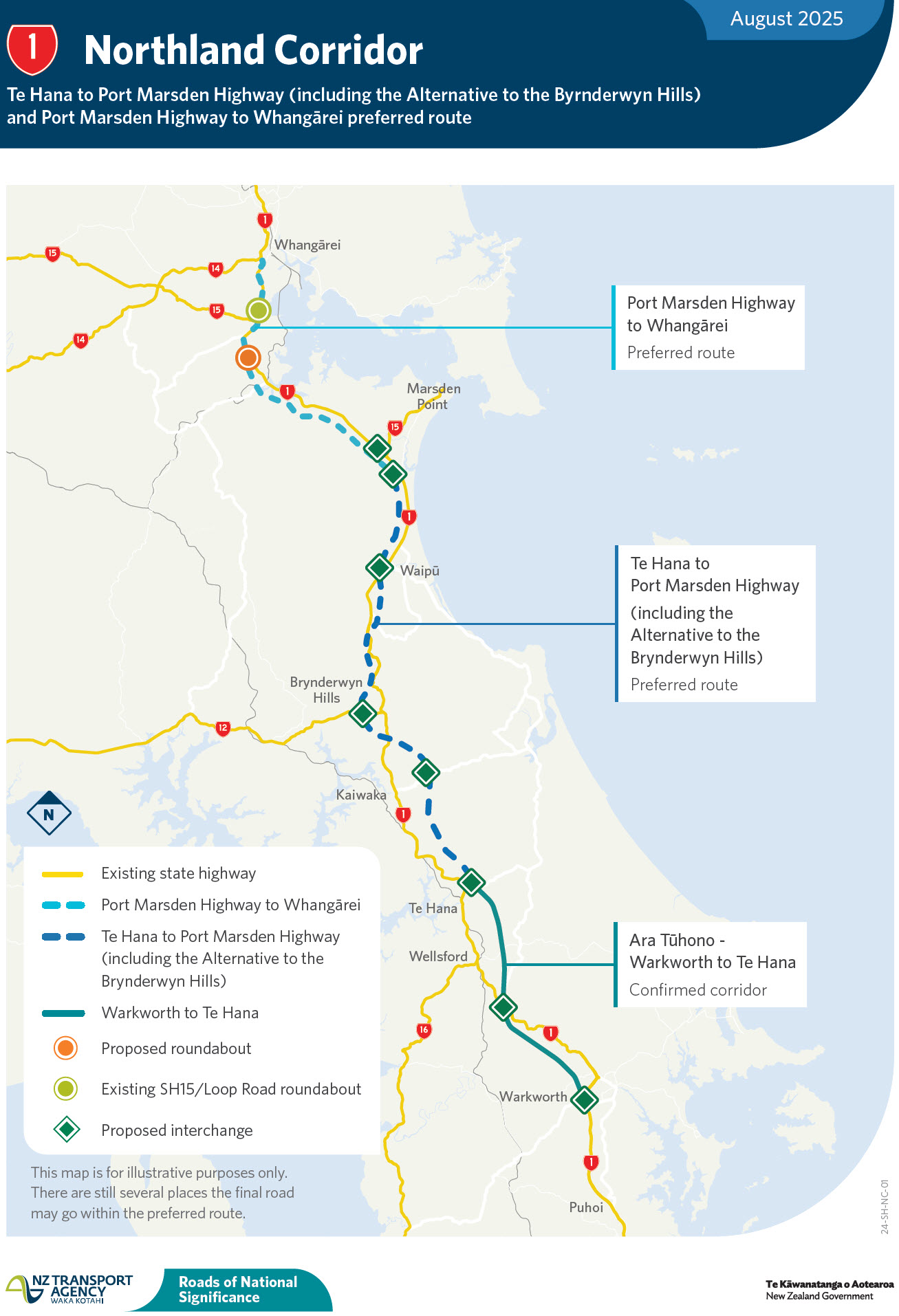 Map graphic displaying Te Hana to Port Marsden Highway (including the Alternative to the Byrnderwyn Hills) and Port Marsden Highway to Whangārei preferred route.