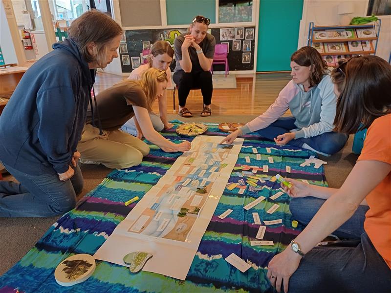 teachers gather around a mind-map / mural in a classroom.