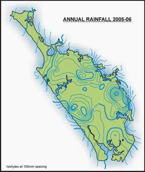 Map of Northland showing annual rainfall for 2005-2006.