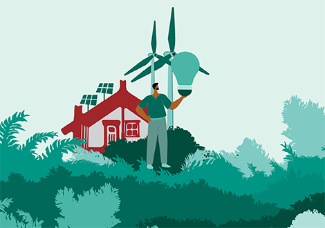 Graphic of a man holding a lightbulb with wind turbines and marae with solar panels in background.