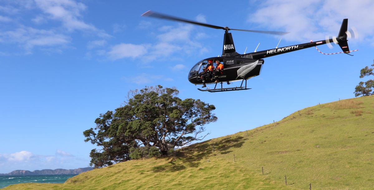 Specialised pest control contractors take to the air after refuelling during a recent hunt for feral deer in the Bay of Islands.