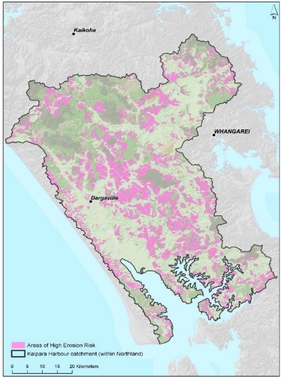 Map displaying areas of high erosion risk in hill country environments within the Kaipara catchment.