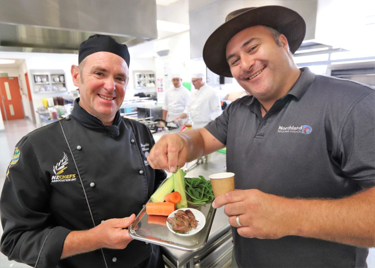 NorthTec tutor Hughie Blues, left, and NRC Biosecurity Incursion Management Officer Curtis Harris, with some of the ingredients that will go into this year’s Wallaby curry giveaway at the Northland Field Days.