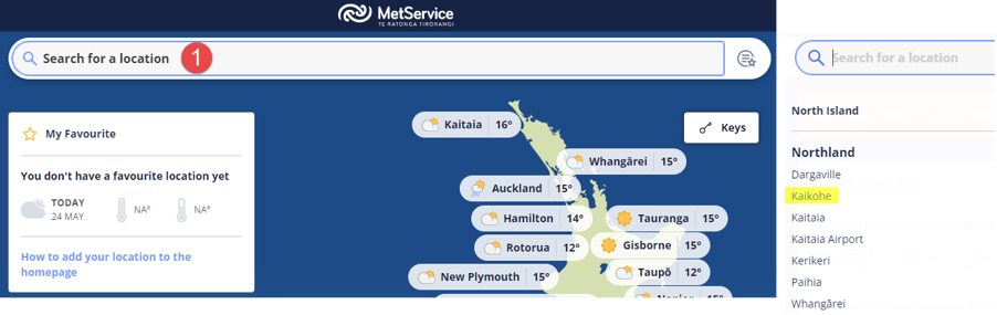 MetService website screenshot showing map of upper North Island.