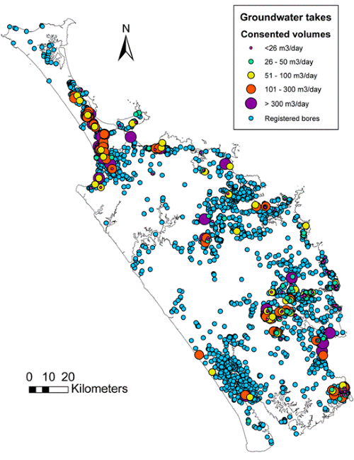 Figure 71: Registered bores and the volume allocated (m3/day) by groundwater take consents. 