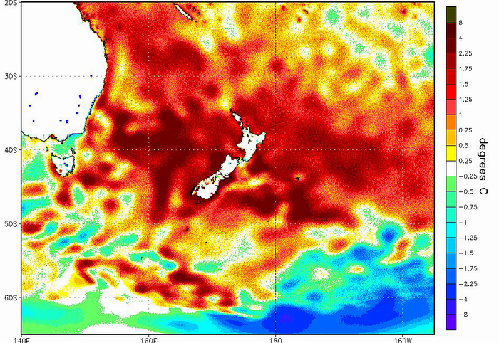 Recent sea surface temperature anomalies heat map.