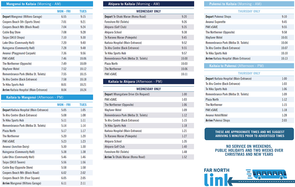 A screenshot of the Far North Link Timetable From 1 August 2025, that opens a full PDF version when clicked.