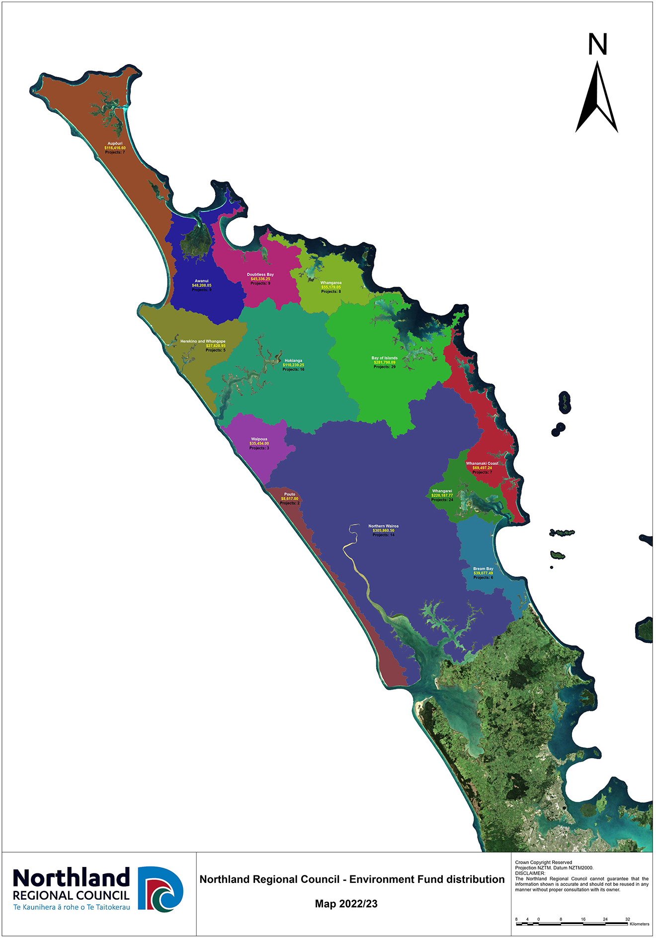 A map displaying how much money has been spent in areas across Northland.