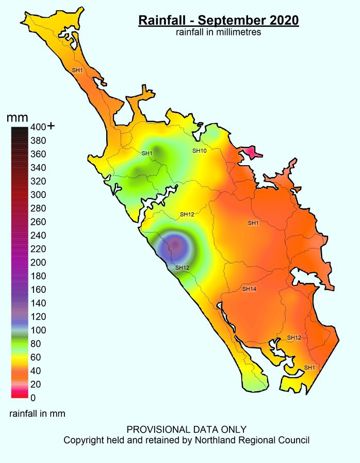 September 2020 rainfall in millimetres map.