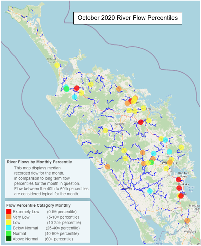 Northland map with October 2020 river flow percentiles.