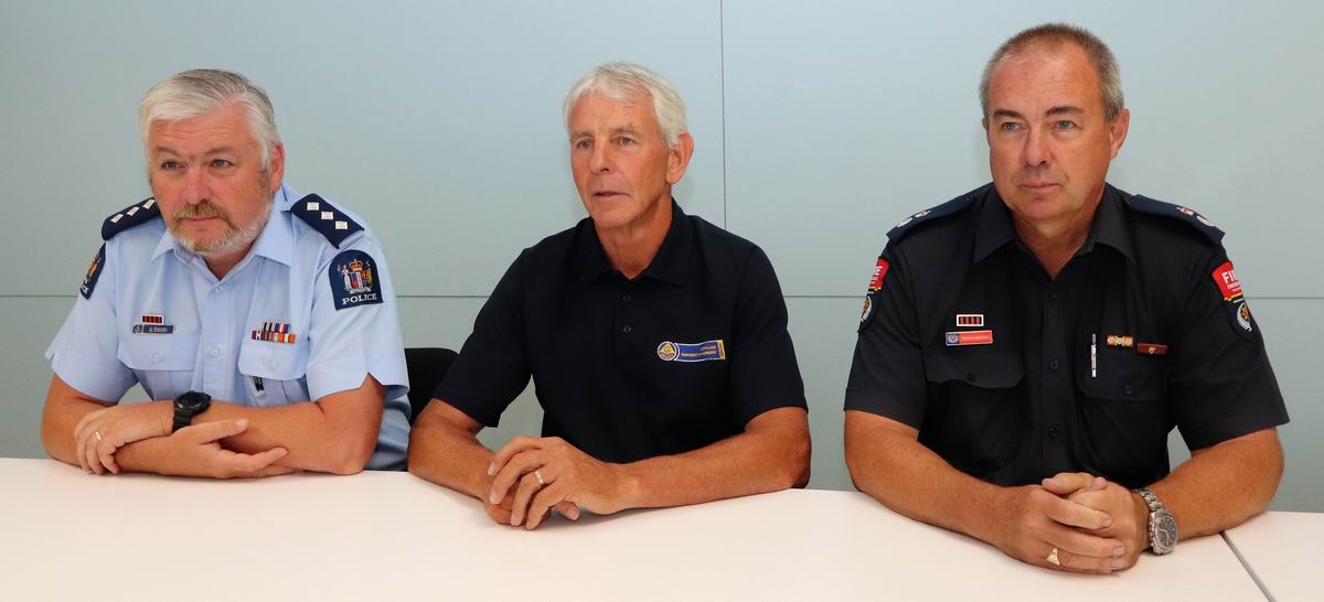 Inspector Al Symonds, Northland Operations Manager NZ Police, left, Graeme MacDonald, Northland Civil Defence Emergency Management Group, centre, and Graeme Quensell, Assistant Area Commander for Whangarei-Kaipara, Fire and Emergency NZ.