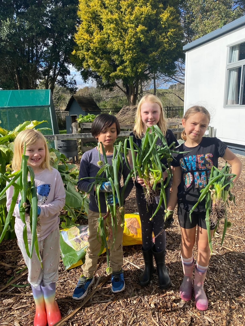 Children holding vegetables from the garden.