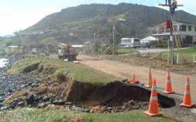 Ahipara foreshore after the storm showing erosion damage to the road.