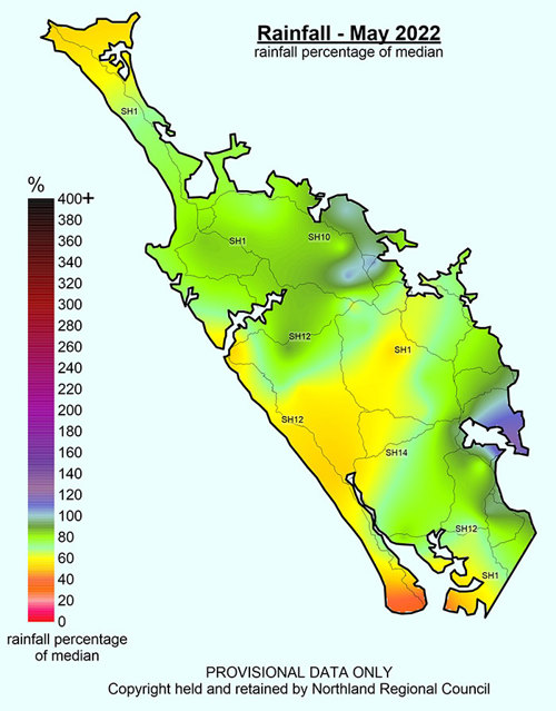 Rainfall (% of Median) for May 2022 across Northland with a range of 122% to 35%.